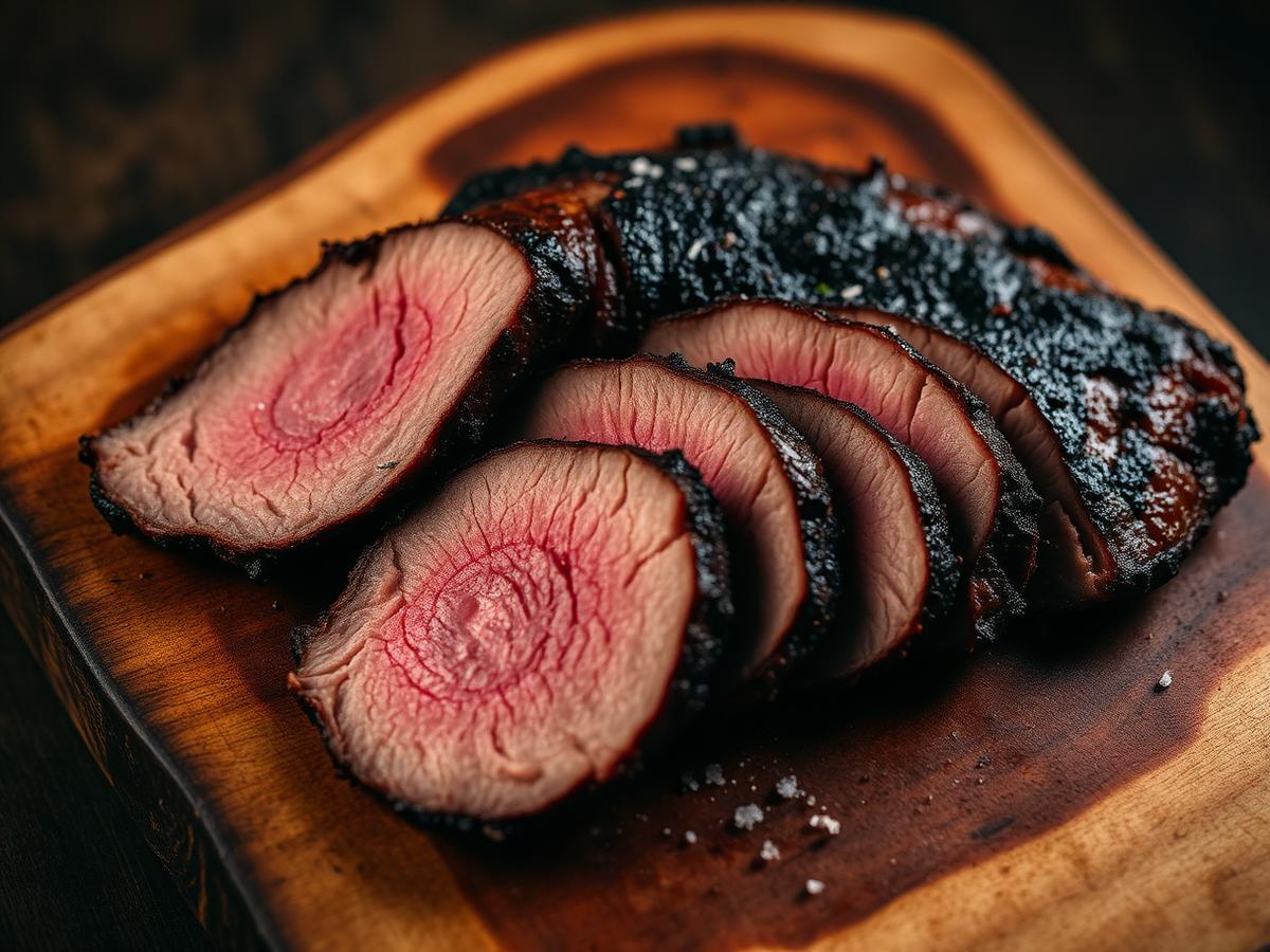 Aufgeschnittenes Smoked Brisket mit dunkler Kruste auf Holzbrett