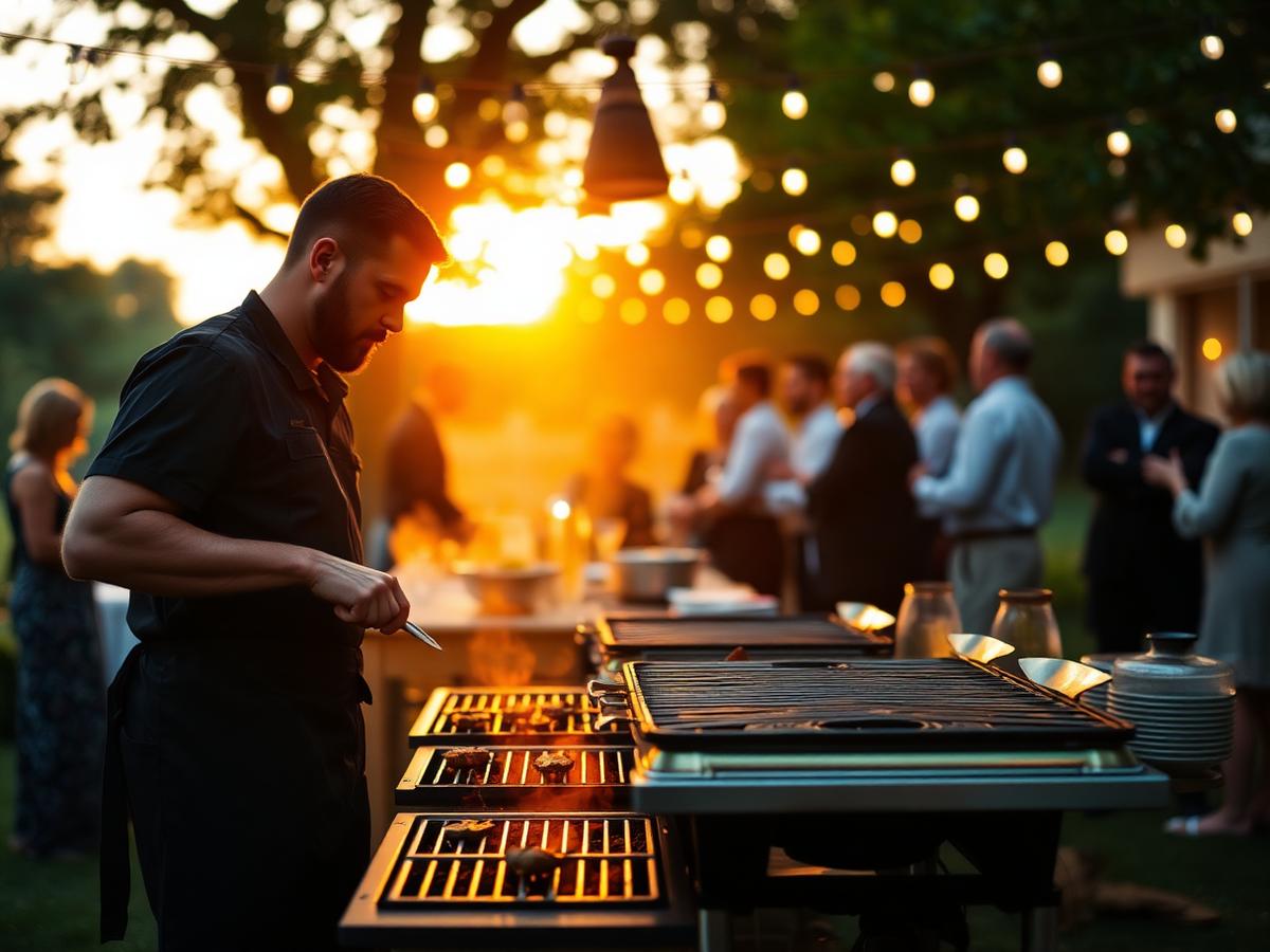 Grillstation bei einer Gartenfeier im Abendlicht