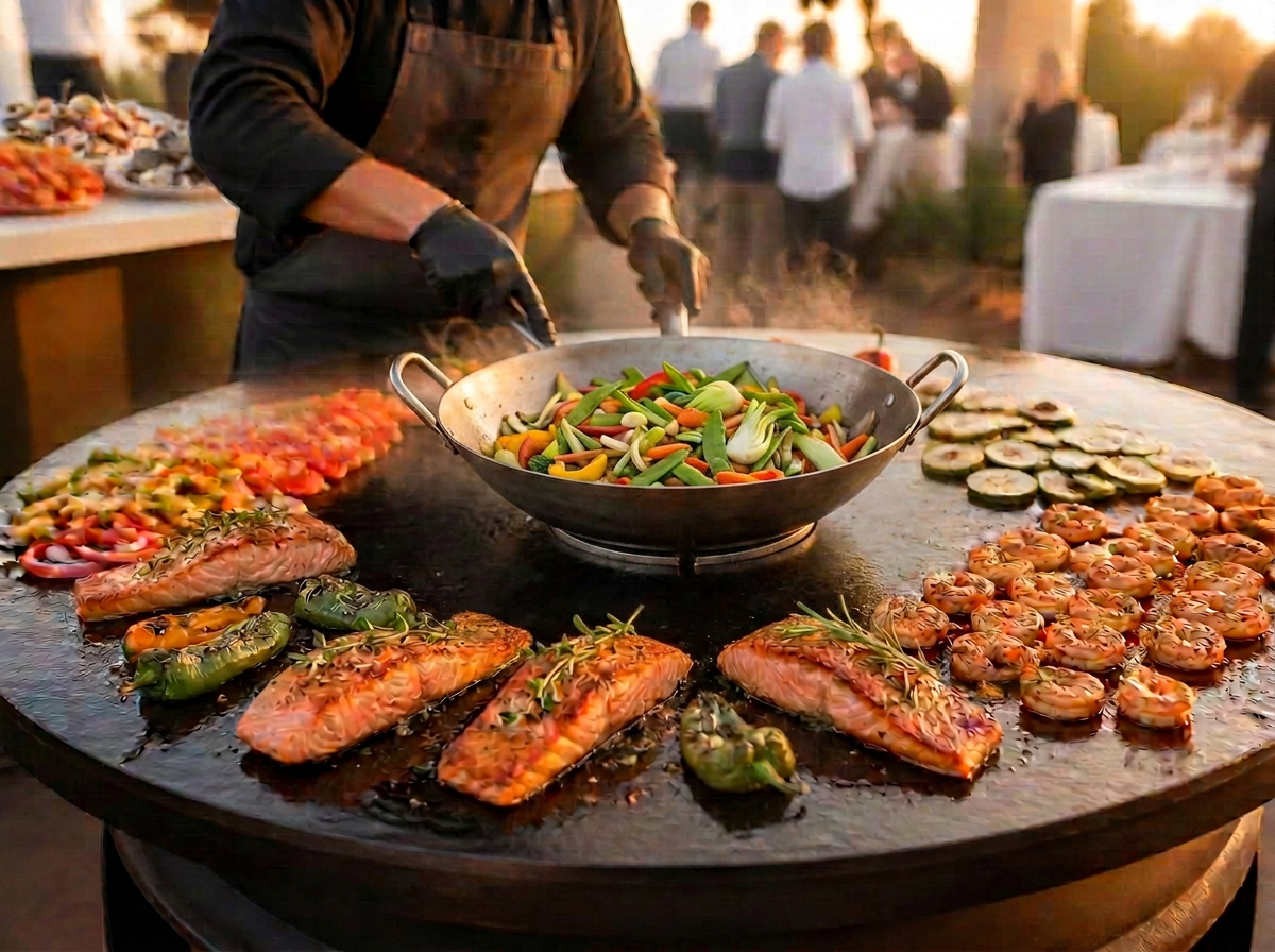 Große runde Plancha mit Lachsfilets, Garnelen und Wokpfanne mit Gemüse in der Mitte